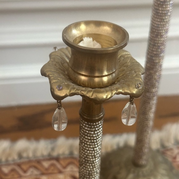 3 brass candle holders with crystal beading and crystal dangles - Picture 11 of 12